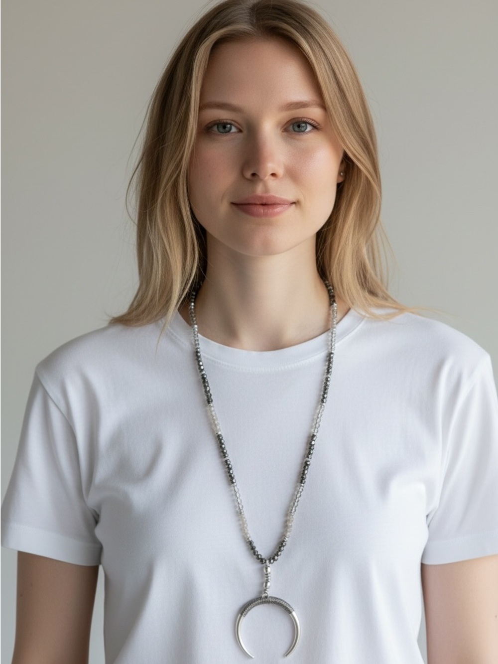 New Marlyn Schiff Sterling Silver Hematite Pearl Beaded Crescent Long Necklace